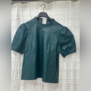 Ann Taylor puff sleeve faux leather holiday Christmas green top blouse shirt